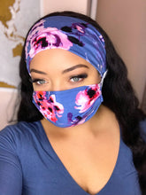 Load image into Gallery viewer, Headband And Mask Set - Blue Pansy Headband And Mask Set
